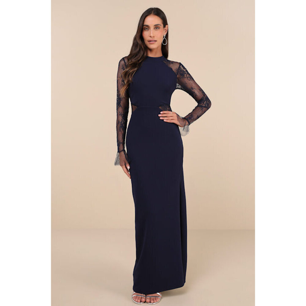 Lulus Bragging Rights Navy Lace Long Sleeve Column Maxi Dress Blue - Size M